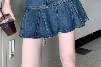 High Rise Washed Pleated Mini A-Line Denim Skirt