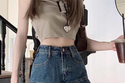 High Rise Washed Pleated Mini A-Line Denim Skirt