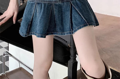 High Rise Washed Pleated Mini A-Line Denim Skirt