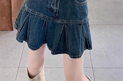 High Rise Washed Pleated Mini A-Line Denim Skirt