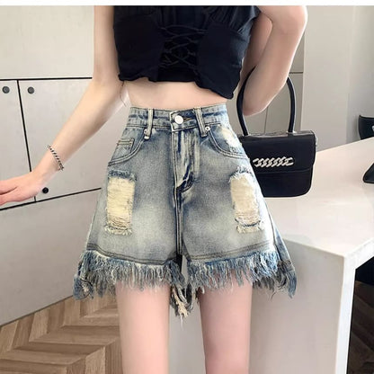 High Waist Washed Distressed Fringe Denim Shorts