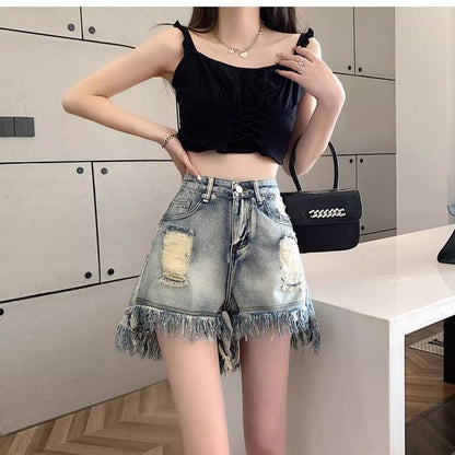 High Waist Washed Distressed Fringe Denim Shorts