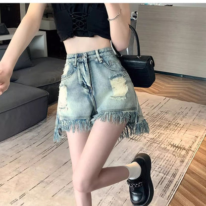 High Waist Washed Distressed Fringe Denim Shorts
