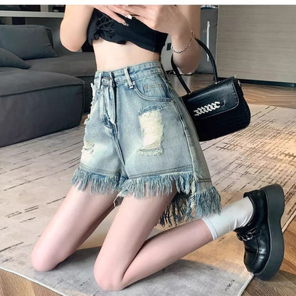 High Waist Washed Distressed Fringe Denim Shorts