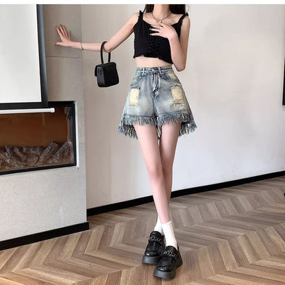 High Waist Washed Distressed Fringe Denim Shorts