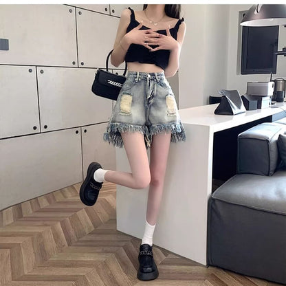 High Waist Washed Distressed Fringe Denim Shorts