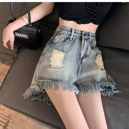 High Waist Washed Distressed Fringe Denim Shorts