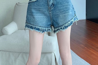 High Waist Washed Fray Denim Shorts