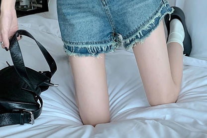 High Waist Washed Fray Denim Shorts