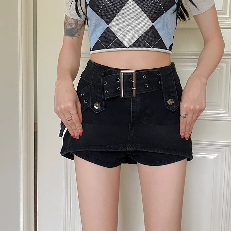 High Waist Belted Mini A-Line Denim Skort