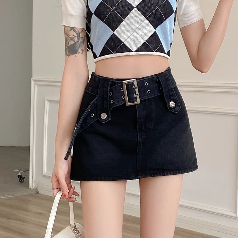 High Waist Belted Mini A-Line Denim Skort