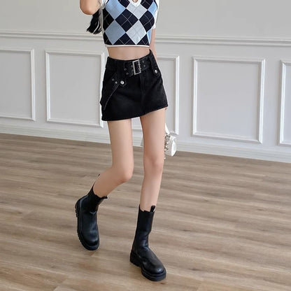 High Waist Belted Mini A-Line Denim Skort