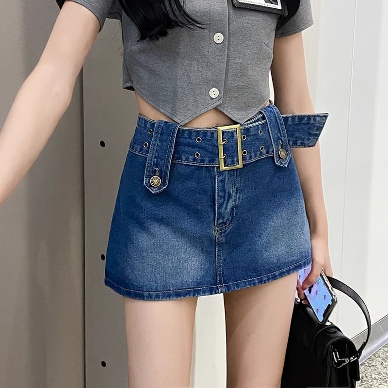 High Waist Belted Mini A-Line Denim Skort