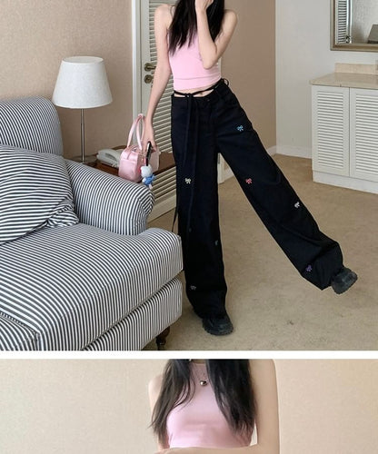 Mid Waist Bow Embroidered Tie-Up Wide Leg Pants