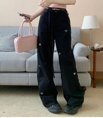 Mid Waist Bow Embroidered Tie-Up Wide Leg Pants