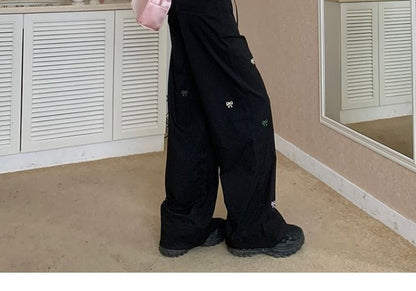 Mid Waist Bow Embroidered Tie-Up Wide Leg Pants