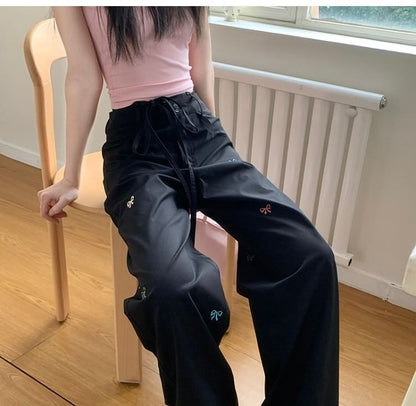 Mid Waist Bow Embroidered Tie-Up Wide Leg Pants