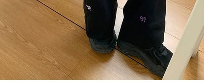 Mid Waist Bow Embroidered Tie-Up Wide Leg Pants