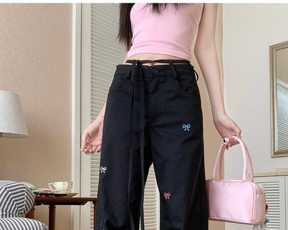 Mid Waist Bow Embroidered Tie-Up Wide Leg Pants