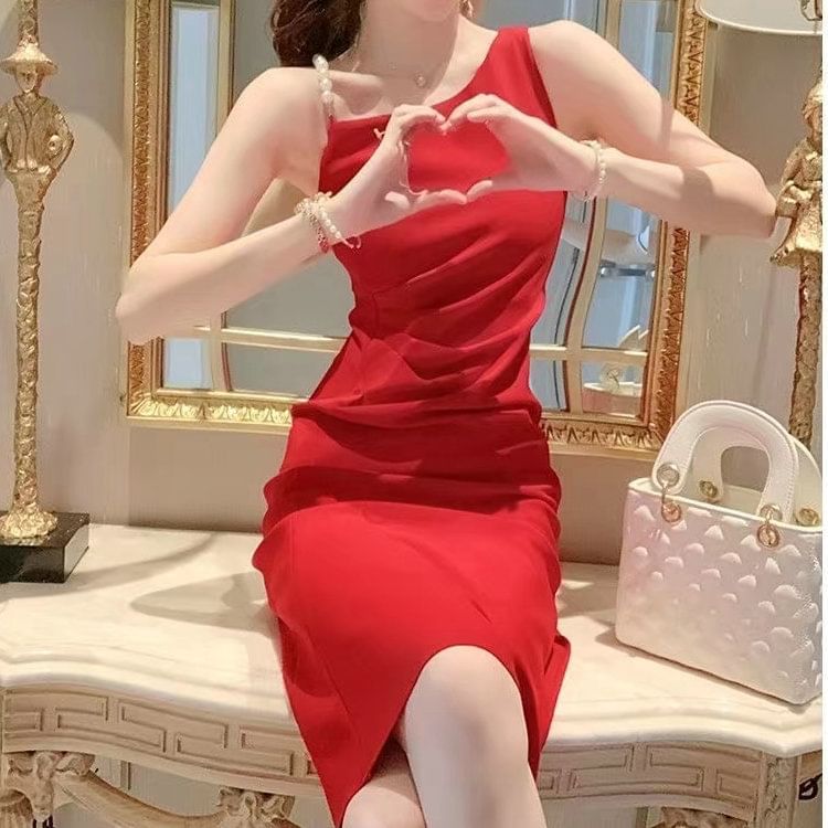 Sleeveless Faux Pearl Strap Plain Ruched Slit Midi A-Line Dress