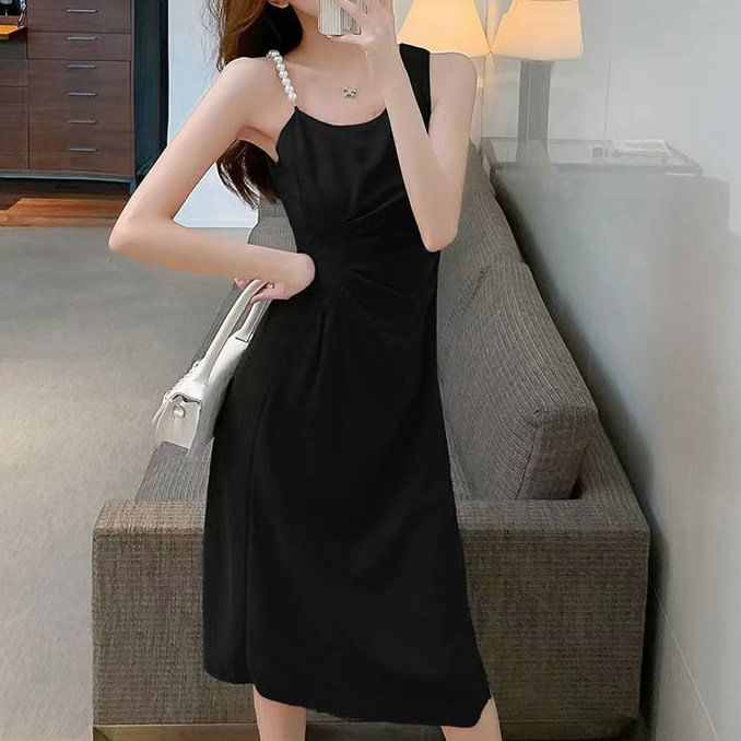 Sleeveless Faux Pearl Strap Plain Ruched Slit Midi A-Line Dress