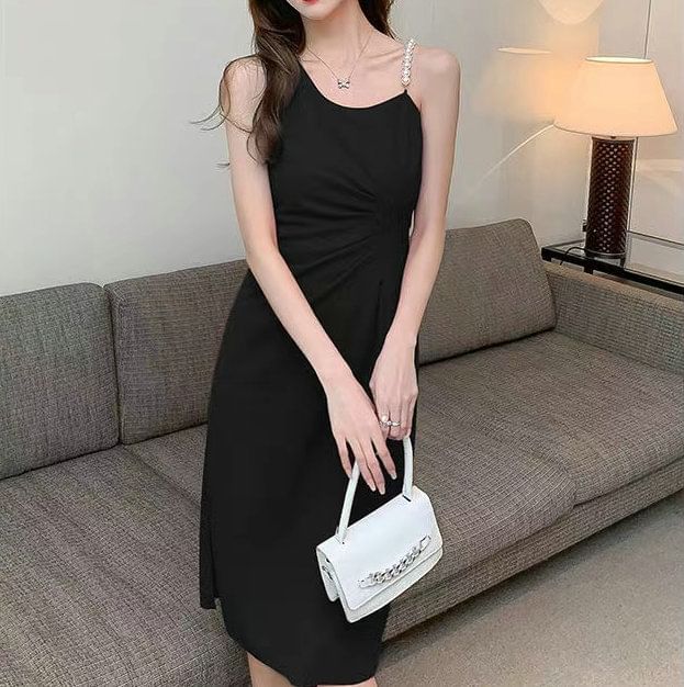 Sleeveless Faux Pearl Strap Plain Ruched Slit Midi A-Line Dress