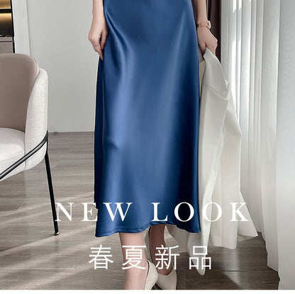 Thin Strap V-Neck Simple Backless Satin Maxi Shift Dress