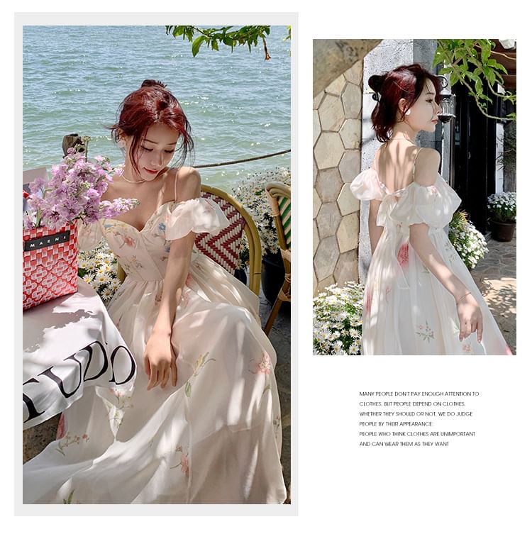 Puff-Sleeve Cold-Shoulder Floral Midi A-Line Dress