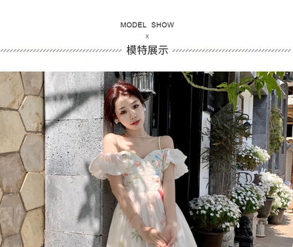 Puff-Sleeve Cold-Shoulder Floral Midi A-Line Dress