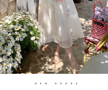Puff-Sleeve Cold-Shoulder Floral Midi A-Line Dress