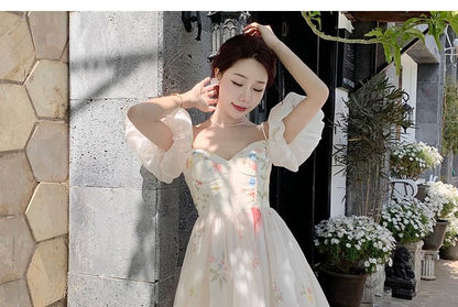 Puff-Sleeve Cold-Shoulder Floral Midi A-Line Dress