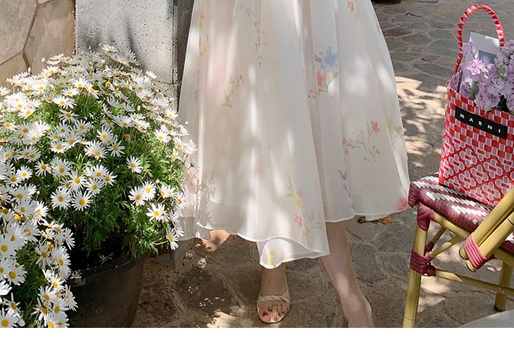 Puff-Sleeve Cold-Shoulder Floral Midi A-Line Dress