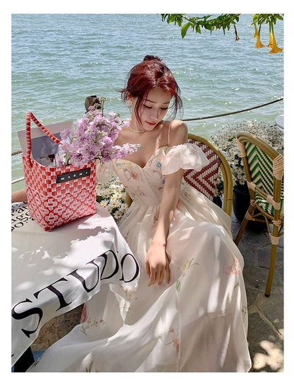 Puff-Sleeve Cold-Shoulder Floral Midi A-Line Dress