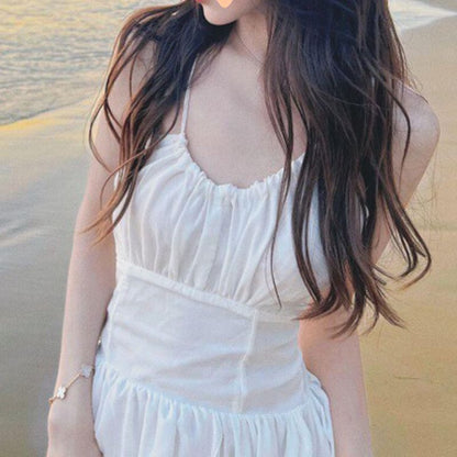 Spaghetti Strap Plain Open Back Lace-Up Maxi Sundress