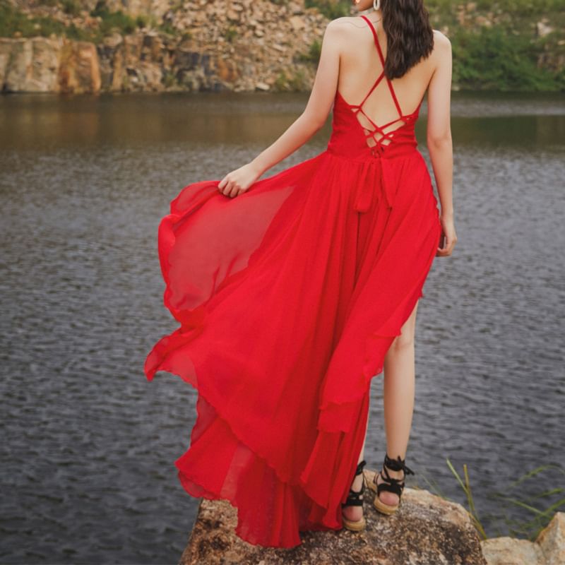 Spaghetti Strap Plain Open Back Lace-Up Maxi Sundress