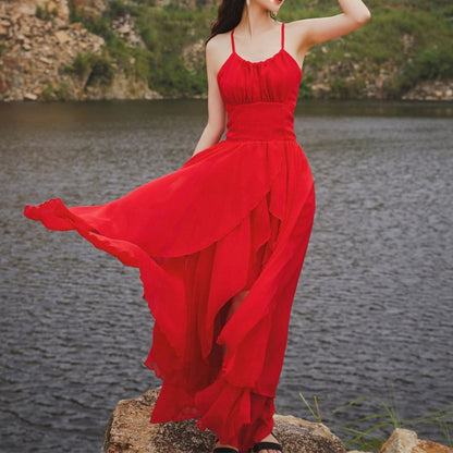 Spaghetti Strap Plain Open Back Lace-Up Maxi Sundress