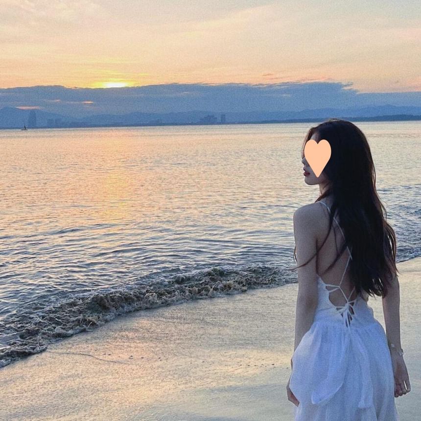 Spaghetti Strap Plain Open Back Lace-Up Maxi Sundress