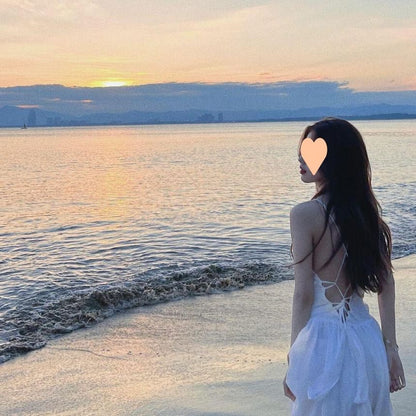 Spaghetti Strap Plain Open Back Lace-Up Maxi Sundress