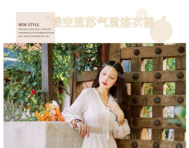 Puff-Sleeve V-Neck Plain Lace Trim Maxi A-Line Dress