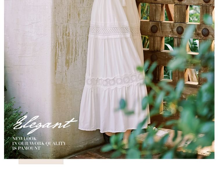 Puff-Sleeve V-Neck Plain Lace Trim Maxi A-Line Dress