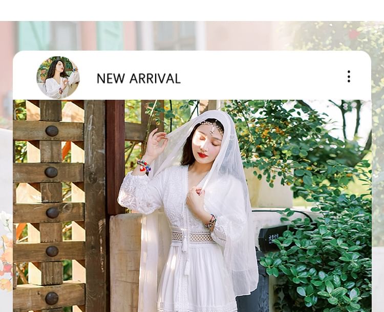 Puff-Sleeve V-Neck Plain Lace Trim Maxi A-Line Dress