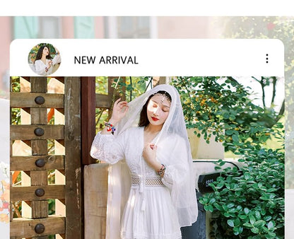 Puff-Sleeve V-Neck Plain Lace Trim Maxi A-Line Dress