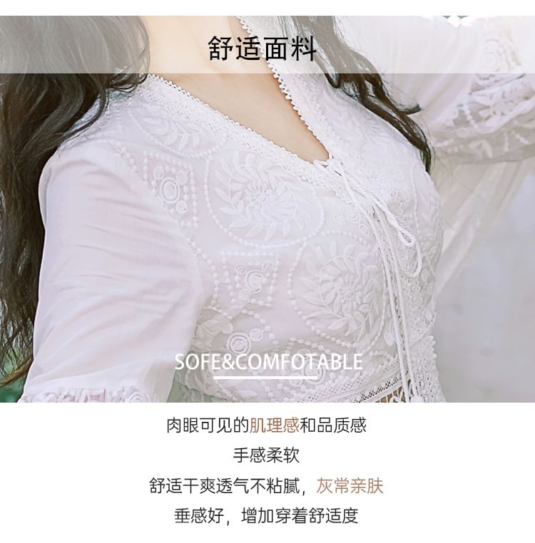 Puff-Sleeve V-Neck Plain Lace Trim Maxi A-Line Dress