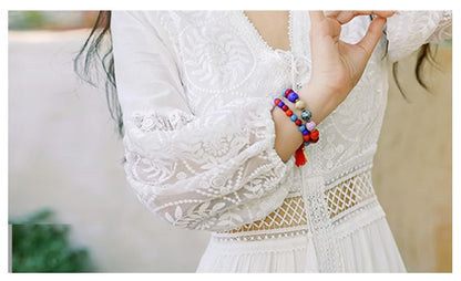 Puff-Sleeve V-Neck Plain Lace Trim Maxi A-Line Dress