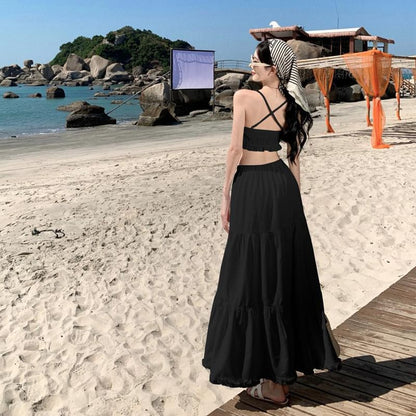 Set: Plain Ruffle Cropped Cami Top + High Waist Maxi A-Line Skirt