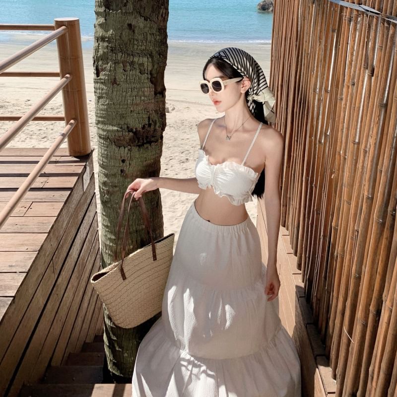 Set: Plain Ruffle Cropped Cami Top + High Waist Maxi A-Line Skirt