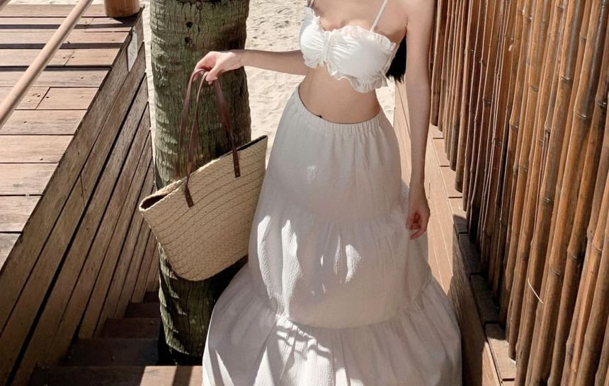 Set: Plain Ruffle Cropped Cami Top + High Waist Maxi A-Line Skirt