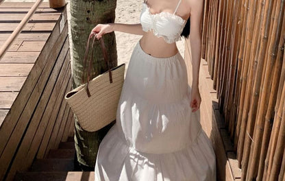 Set: Plain Ruffle Cropped Cami Top + High Waist Maxi A-Line Skirt