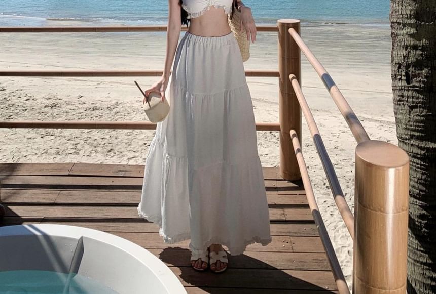 Set: Plain Ruffle Cropped Cami Top + High Waist Maxi A-Line Skirt