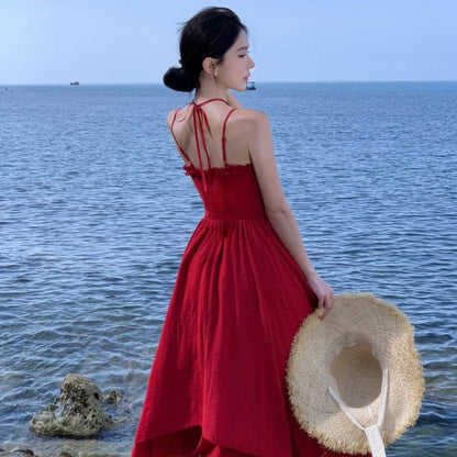 Spaghetti Strap Plain Ruffle Flower Detail Maxi Sundress